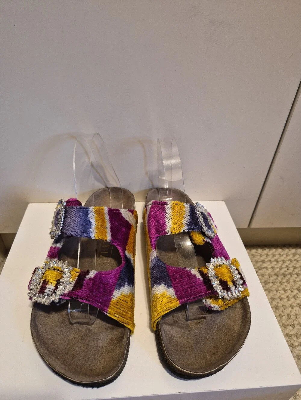 Baldiz Silk Velvet Ikat Double Rhinestone Buckle Slide SandalsSz.7/ EU 37 $245